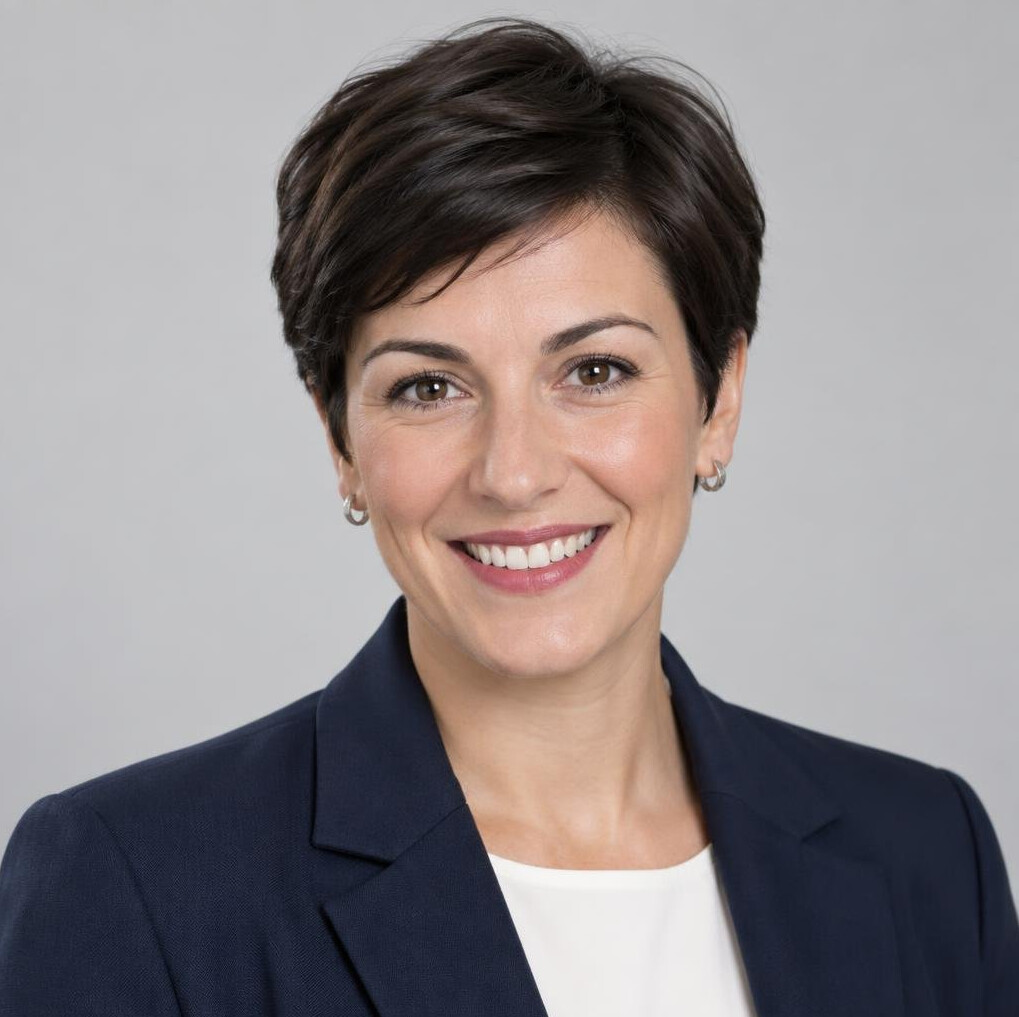 Studio portrait of a Croatian woman with short dark hair smiling