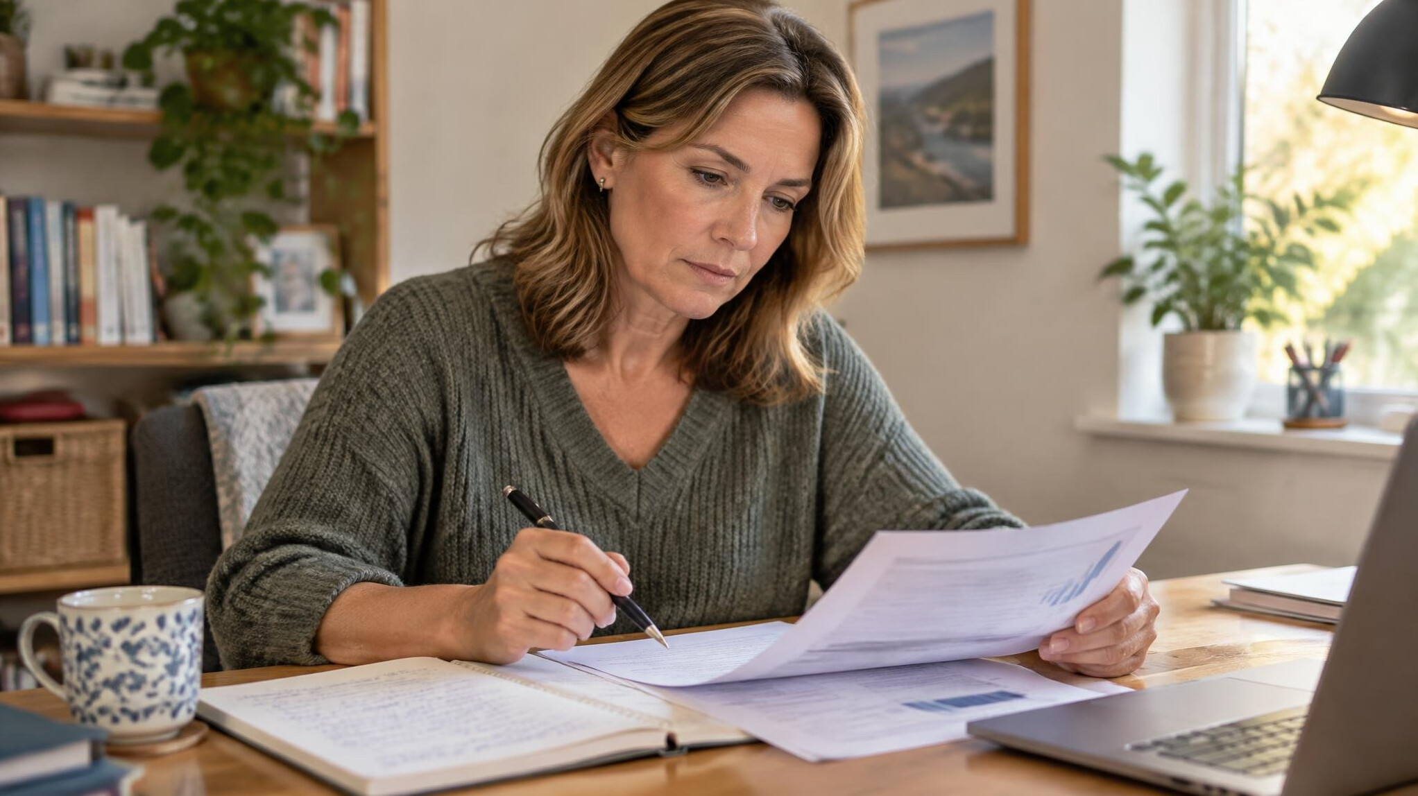 Person reviewing printed documents and notes at a desk