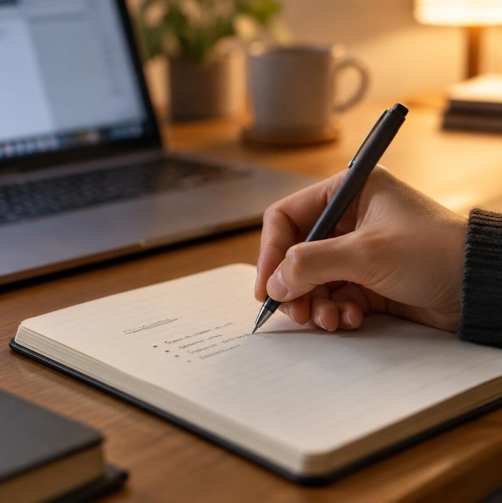 Person writing notes by hand in a notebook