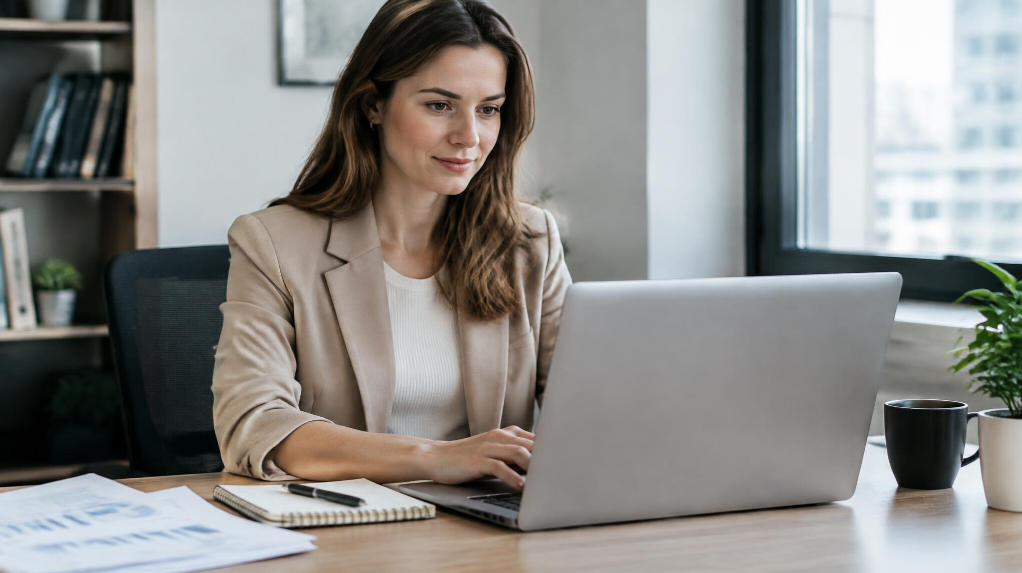 Woman working on a laptop at a desk with documents and a notebook
