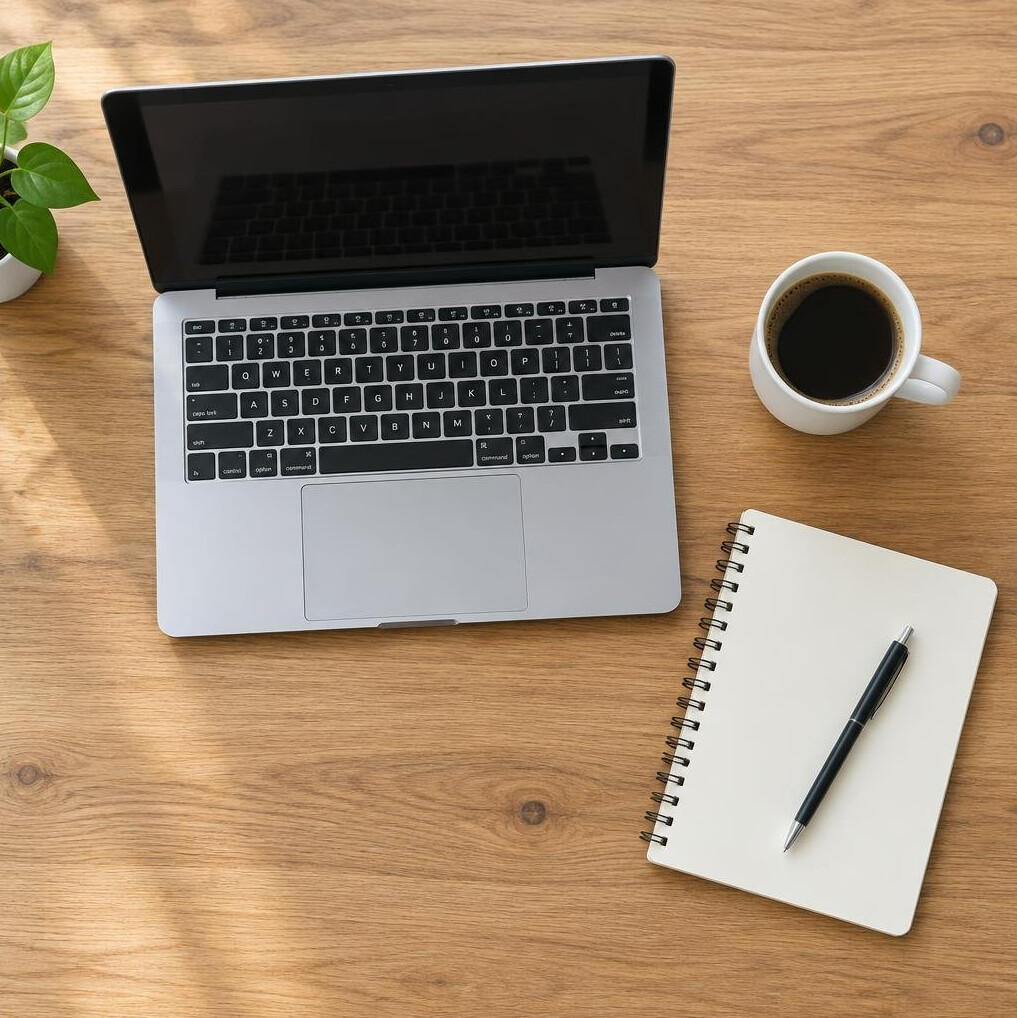 Open laptop and notebook on a desk with a coffee cup