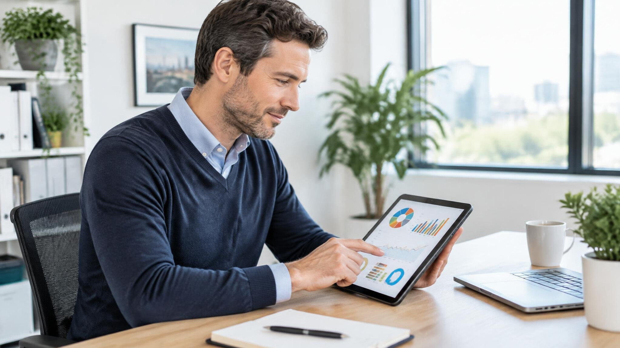 Person reviewing charts and graphs on a tablet