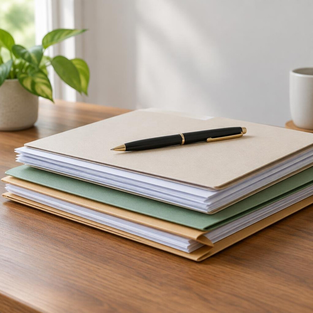 Stack of paper documents with a pen on a desk