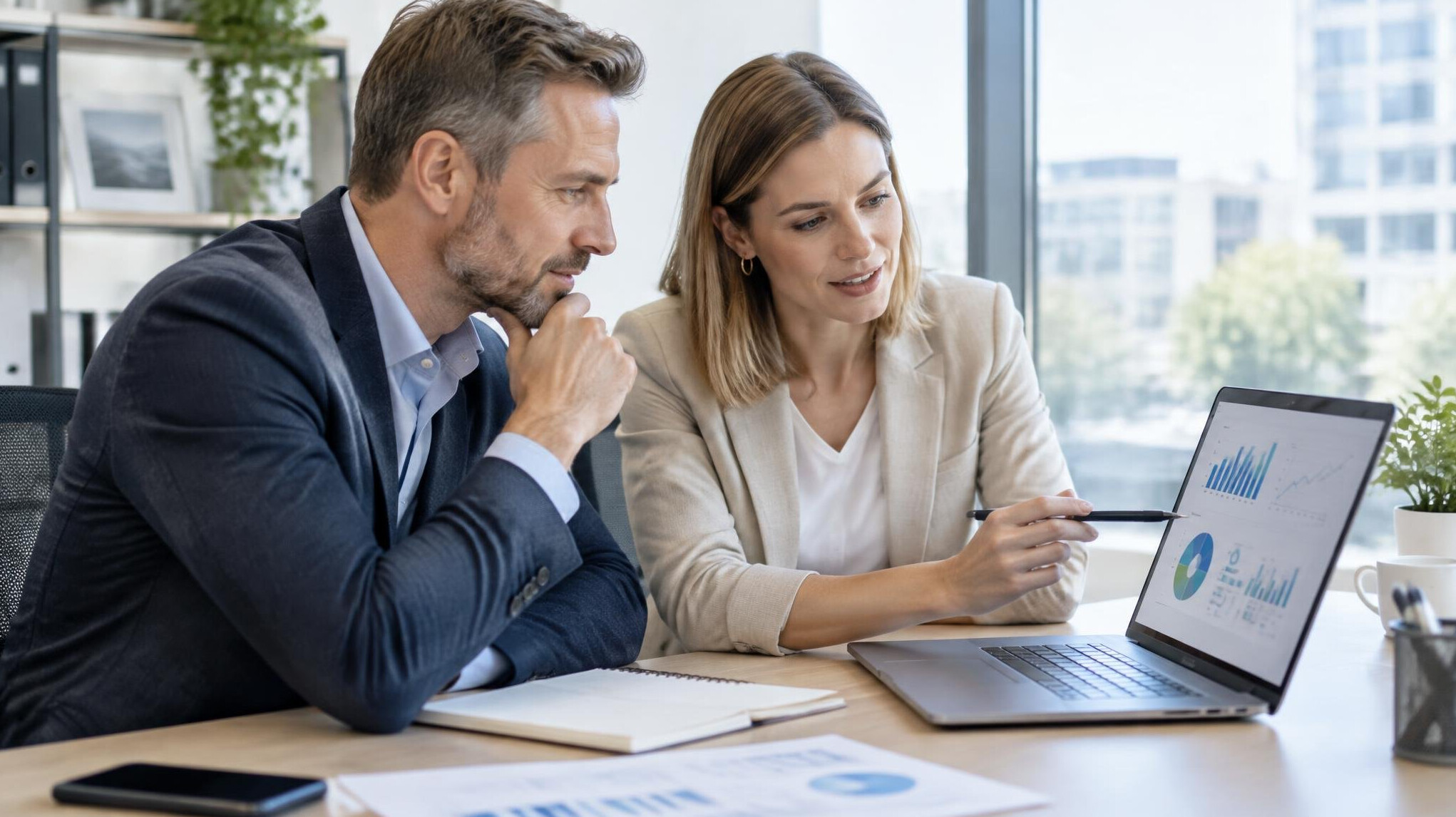 Two colleagues discussing data on a laptop screen in an office