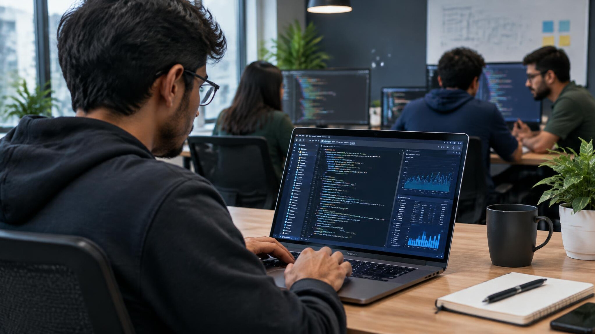 programmer writing code on laptop